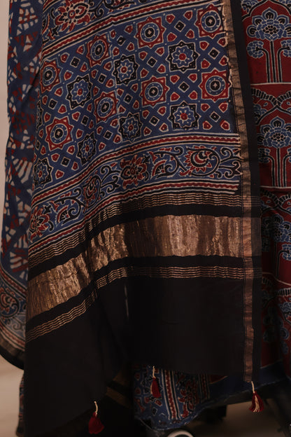 Chanderi Silk Cotton Ajrakh Handblock Printed 2 Piece Suit Set | Looms & Tassels