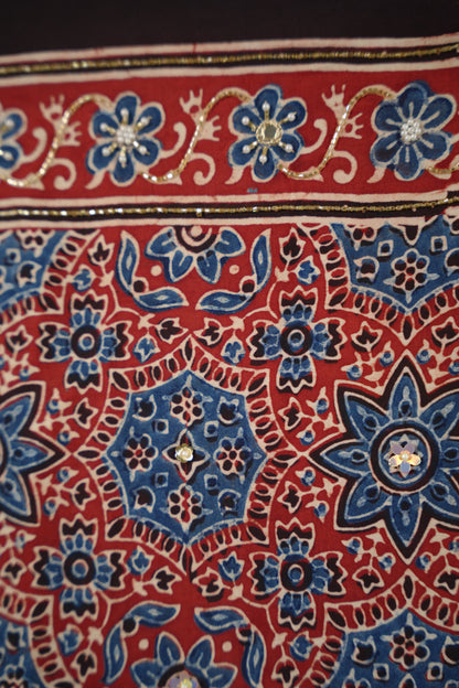 Maroon Ajrakh Modal Silk Hand Embroidery Saree  | Looms & Tassels
