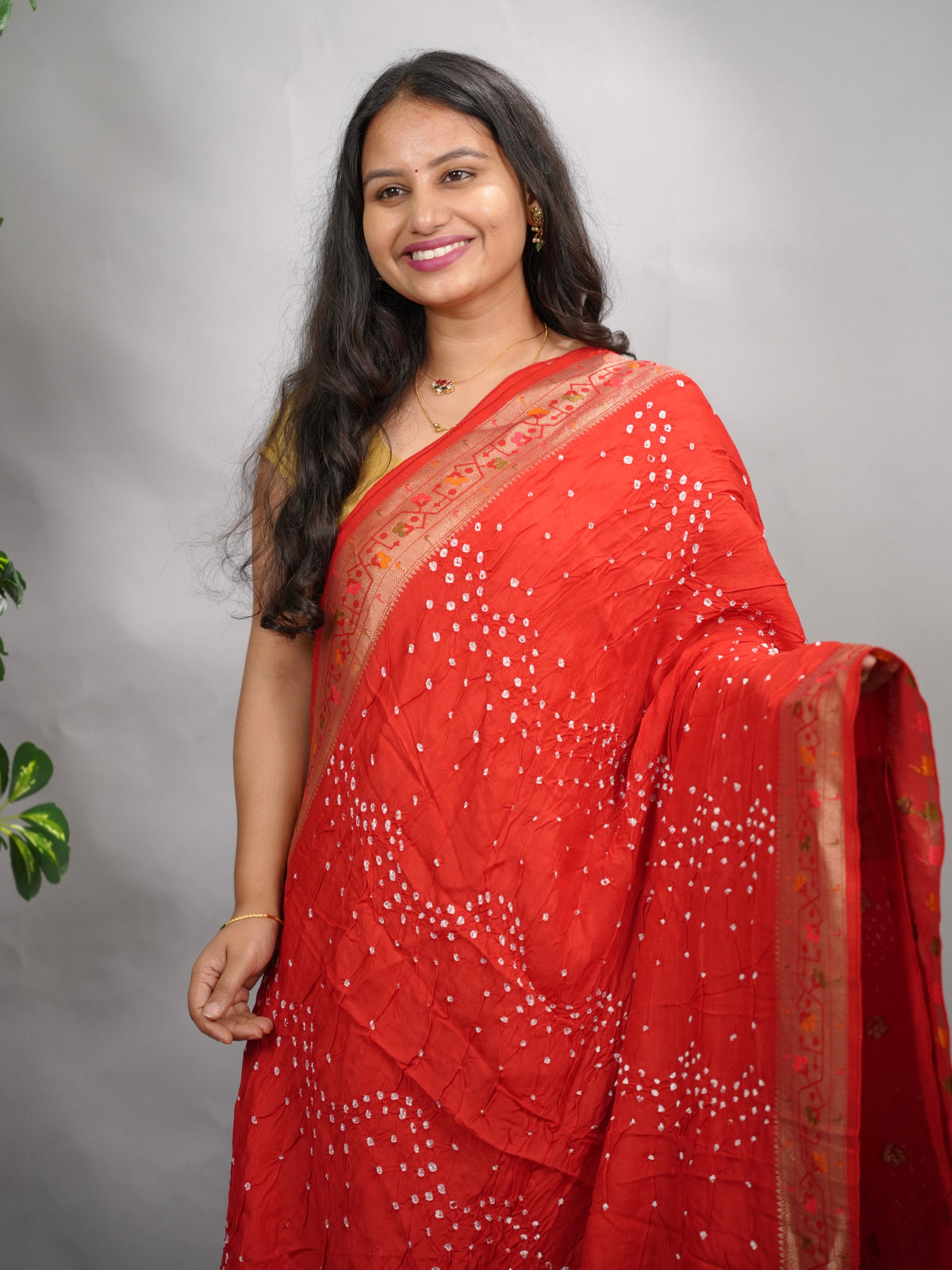 Red Handcrafted  Pattern Bandhani Paithani Dola Silk Saree | Looms & Tassels