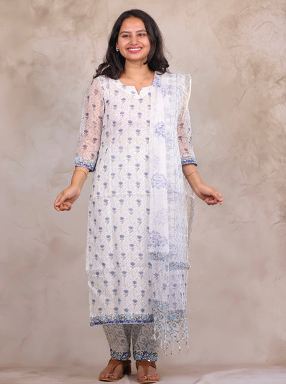 White Sangneri Handblock printed kota 3 piece suit (stitched)