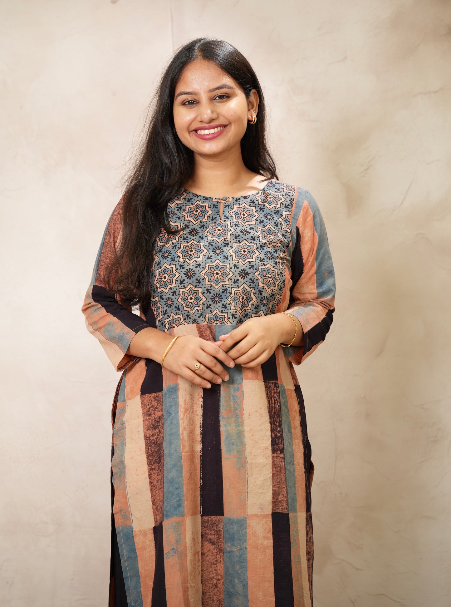 Contemporary Ajrakh Pattern Hand Block printed Kurti | Looms & Tassels