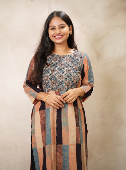 Contemporary Ajrakh Pattern Hand Block printed Kurti | Looms & Tassels