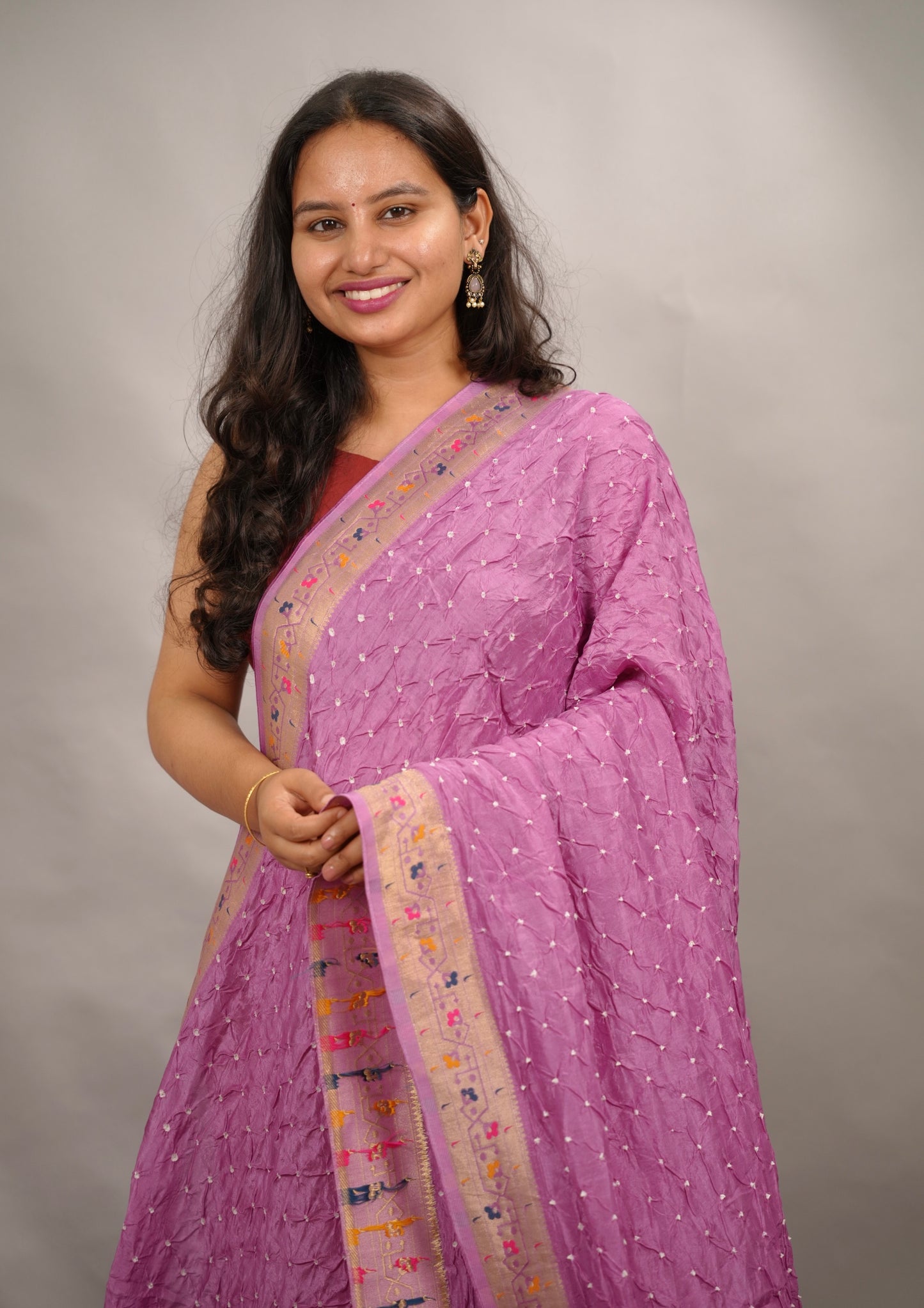Lilac Handcrafted Bandhani Paithani Dola Silk Saree | Looms & Tassels
