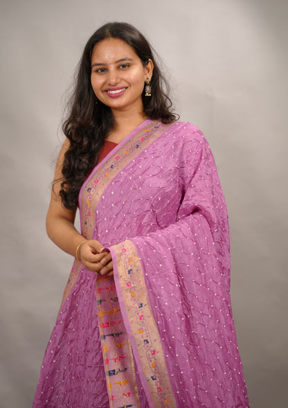 Lilac Handcrafted Bandhani Paithani Dola Silk Saree | Looms & Tassels