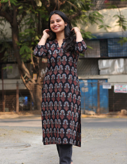 Collar Neck Ajrakh Hand Block Printed Kurti | Looms & Tassels