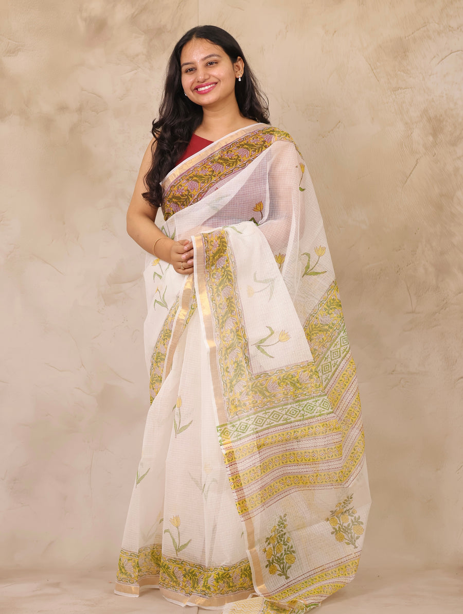 White Pure Kota Doria Saree with Bagru Handblock Prints | Looms & Tassels
