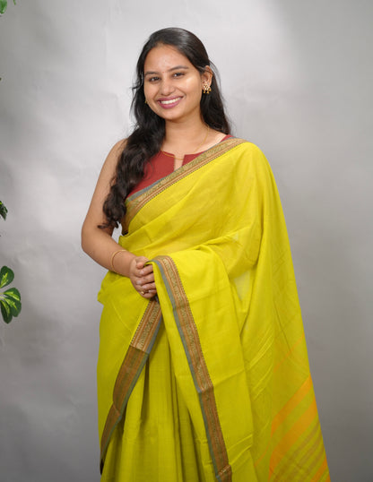 Lemon Green Narayanpet Cotton Saree | Looms & Tassels