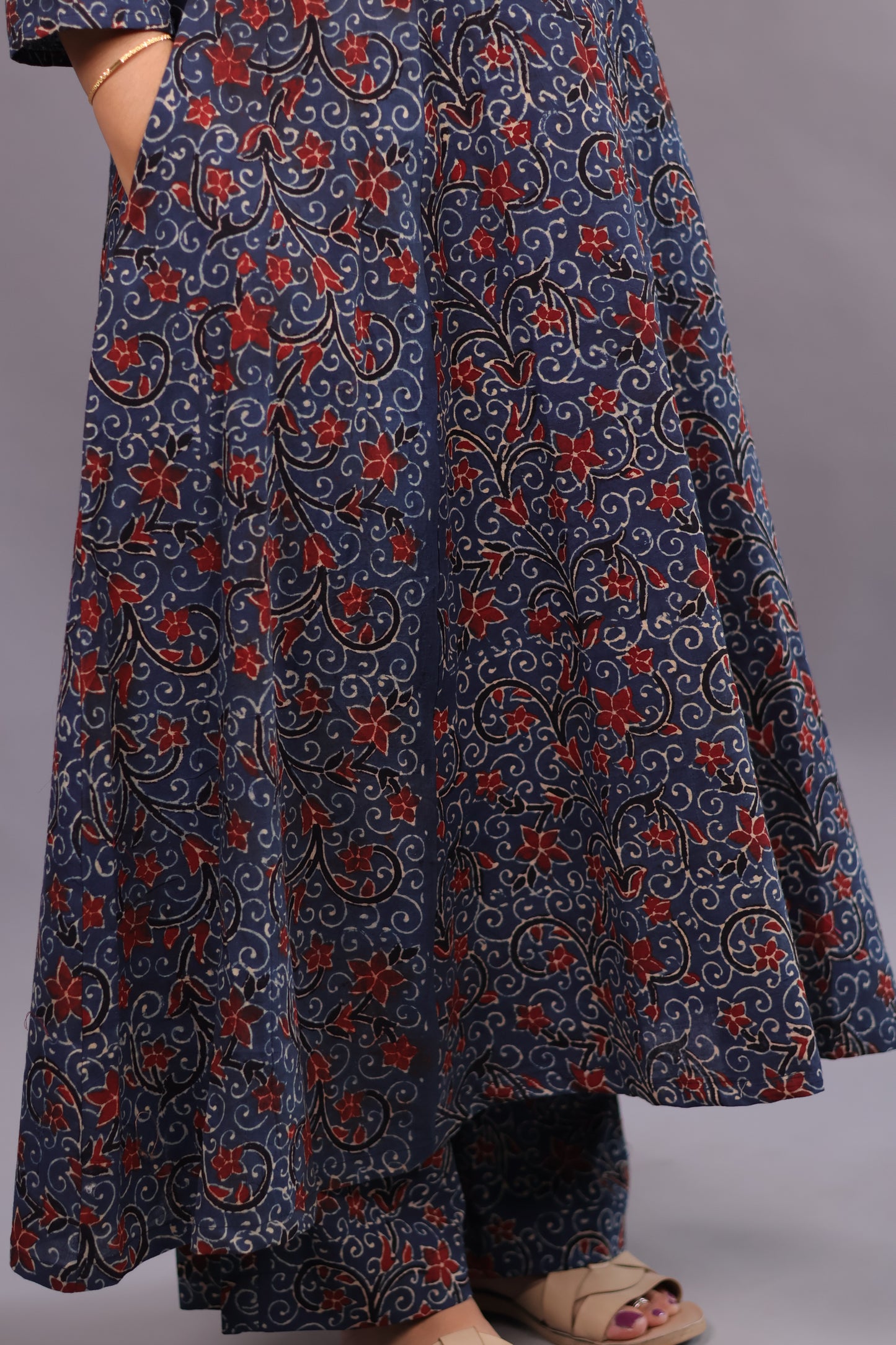 Indigo Ajrakh Handblock Printed Kali Kurti Co-ord Set (Pure Cotton ) | Looms & Tassels