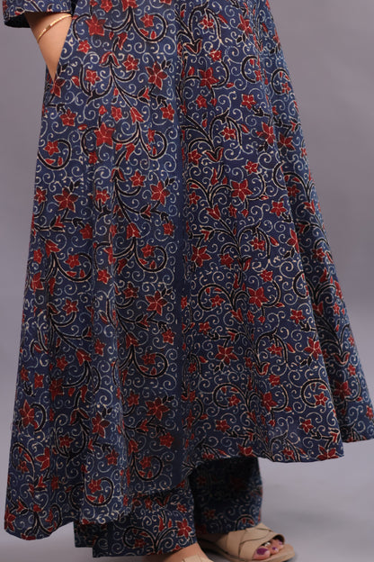 Indigo Ajrakh Handblock Printed Kali Kurti Co-ord Set (Pure Cotton ) | Looms & Tassels