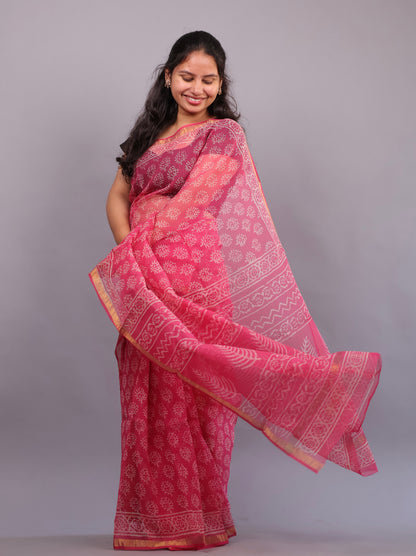 Pure Kota Doria Saree with Bagru Handblock Prints – Pink | Looms&Tassels