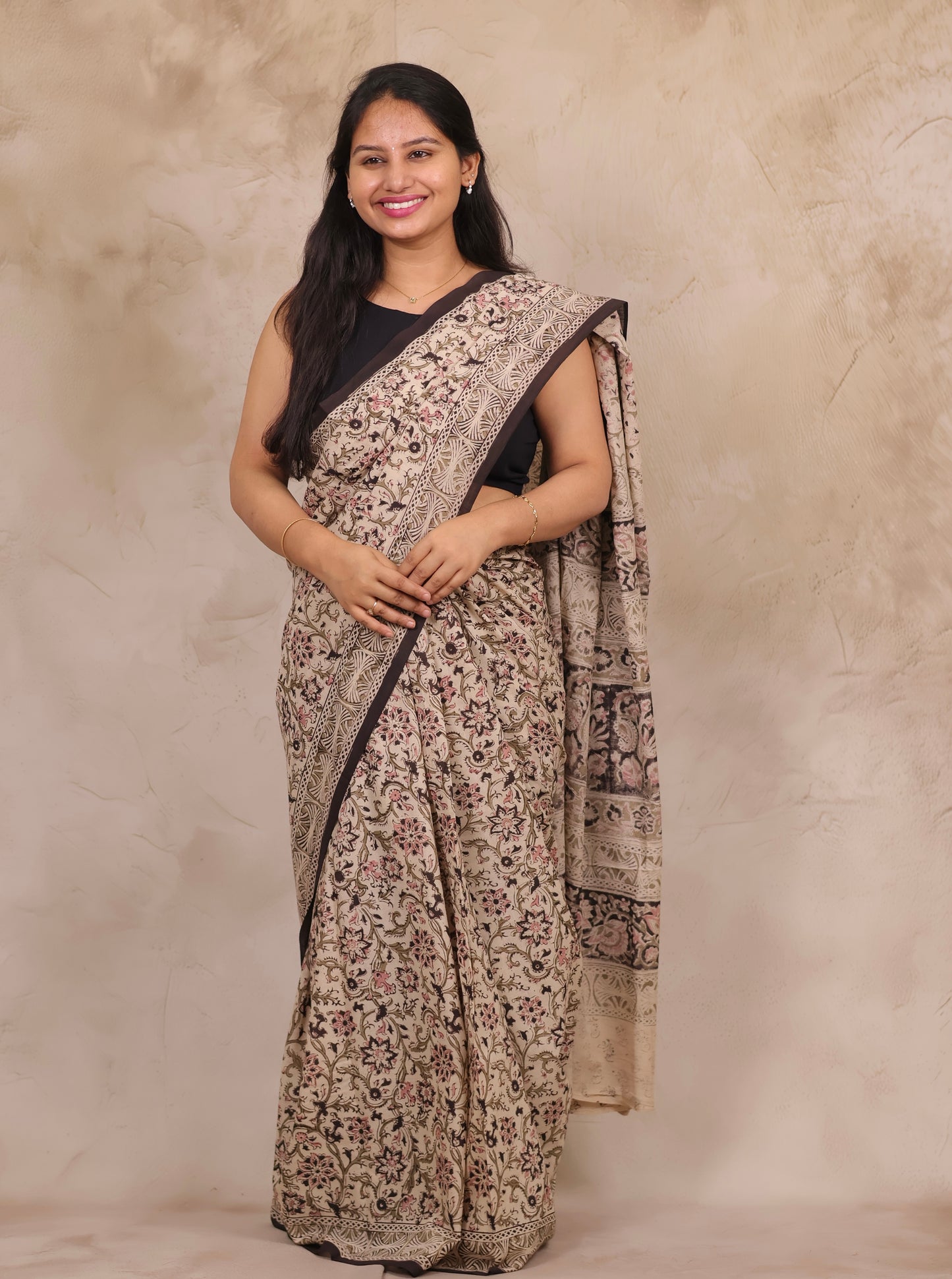 Cream Hand Block Printed Kalamkari Cotton Saree | Looms & Tassels