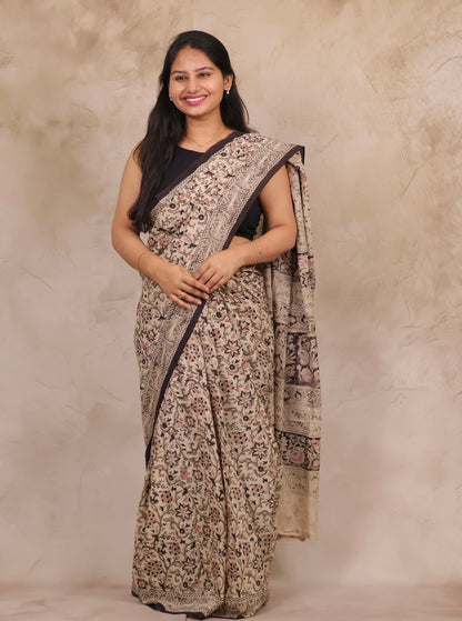 Cream Hand Block Printed Kalamkari Cotton Saree | Looms & Tassels