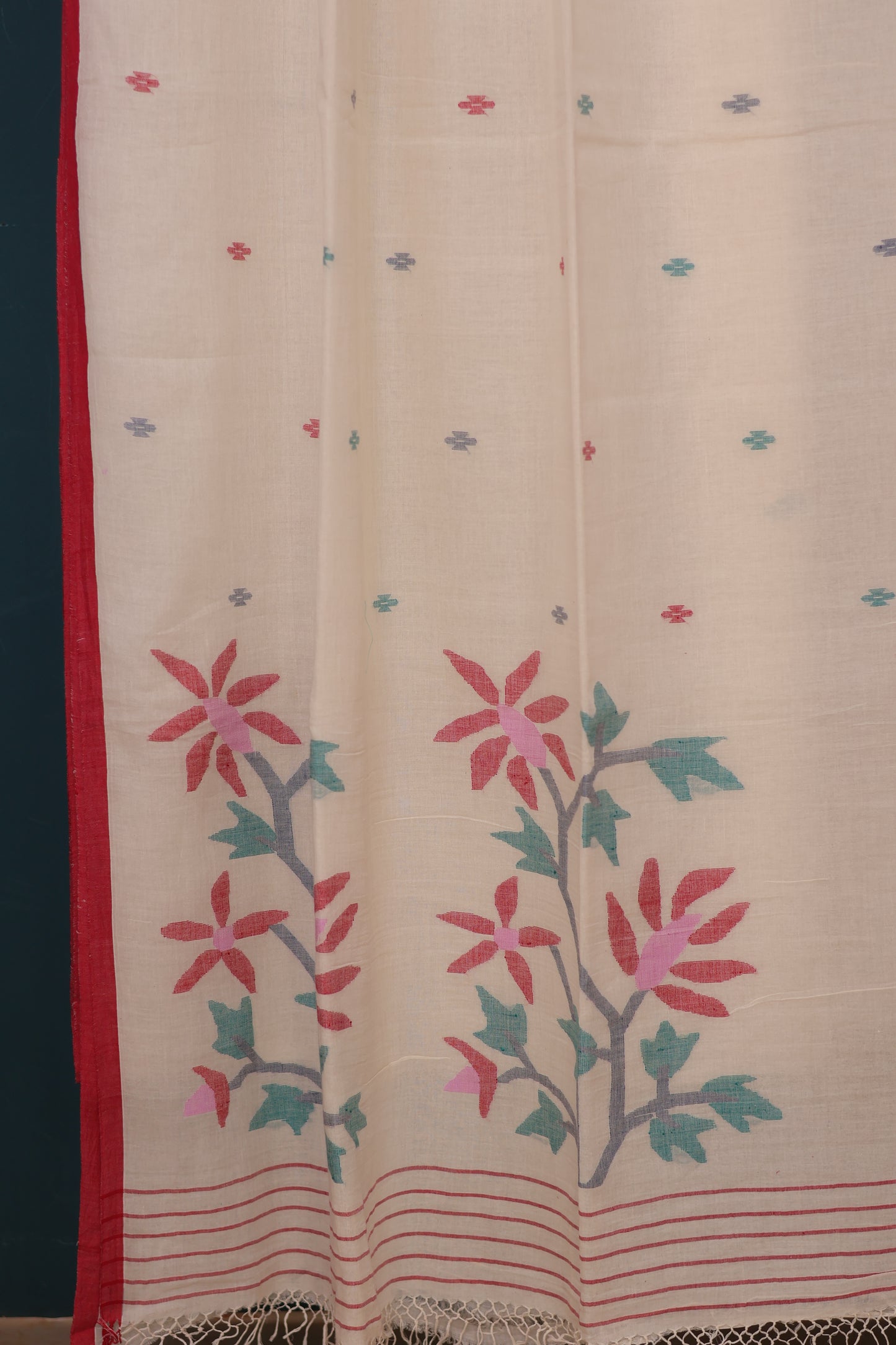 White & Red Pink Pure Handwoven Jamdhani Malai Cotton Saree