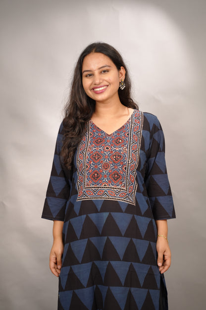 Black & Indigo Ajrakh Pattern Hand Block printed Kurti | Looms & Tassels