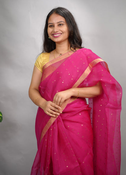 Pink Handwoven Muslin Silk Saree With Sequence Work | Looms & Tassels