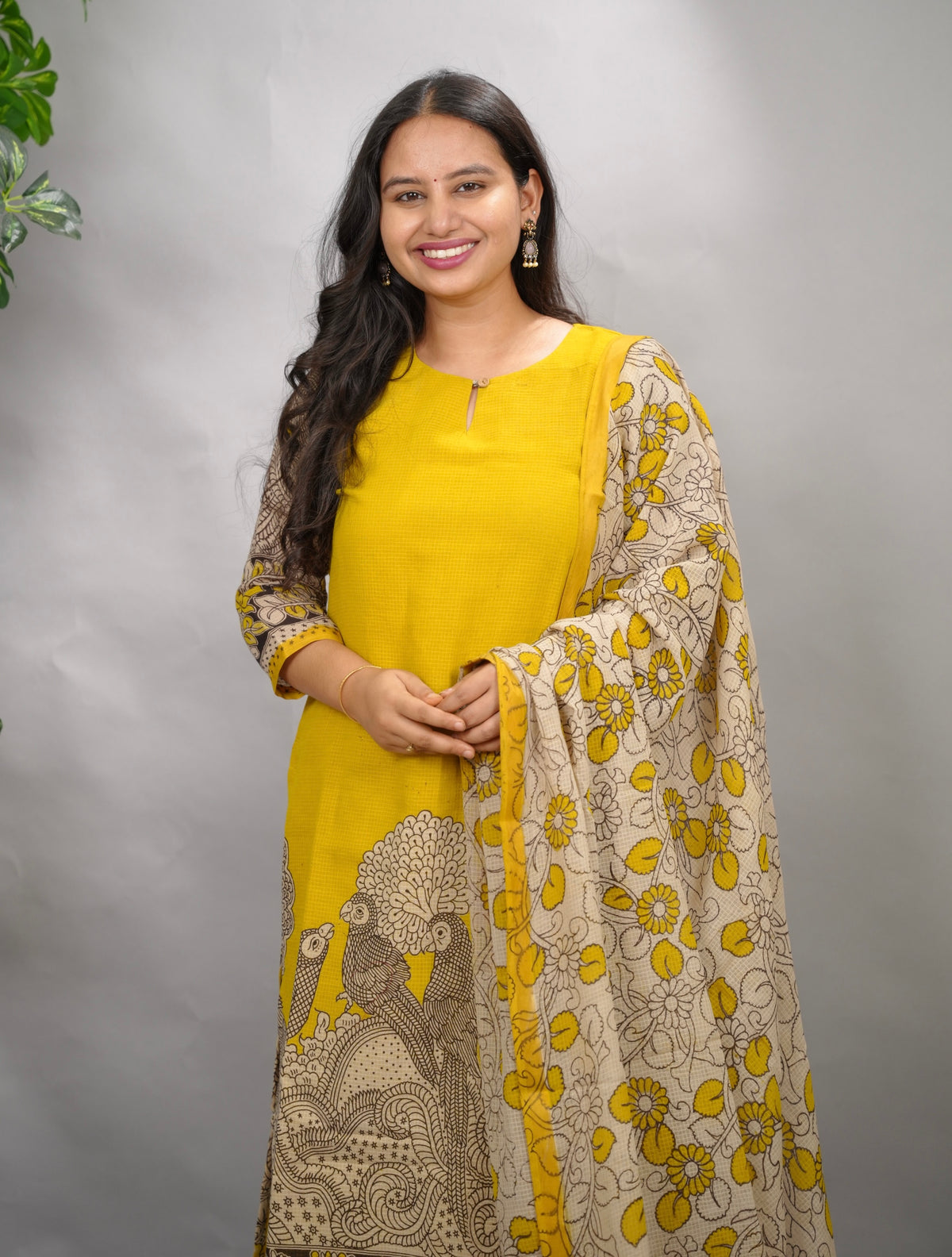 Yellow Kalamkari Kota Cotton 3 piece suit (stitched) | Looms & Tassels