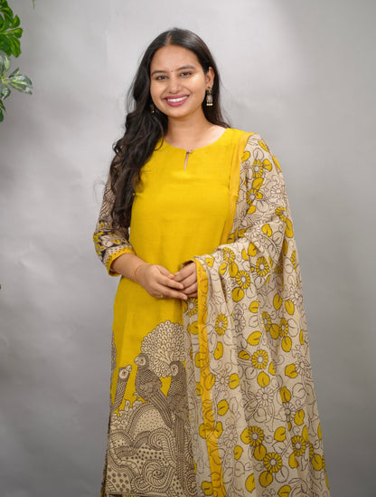 Yellow Kalamkari Kota Cotton 3 piece suit (stitched) | Looms & Tassels