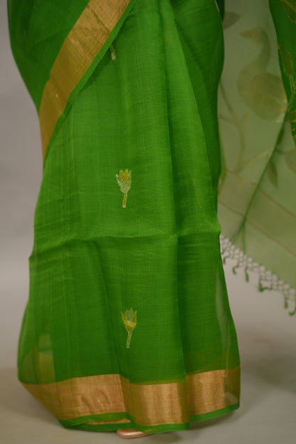 Paret Green Handloom Muslin Silk Saree With jamdhani weaving | Looms & Tassels