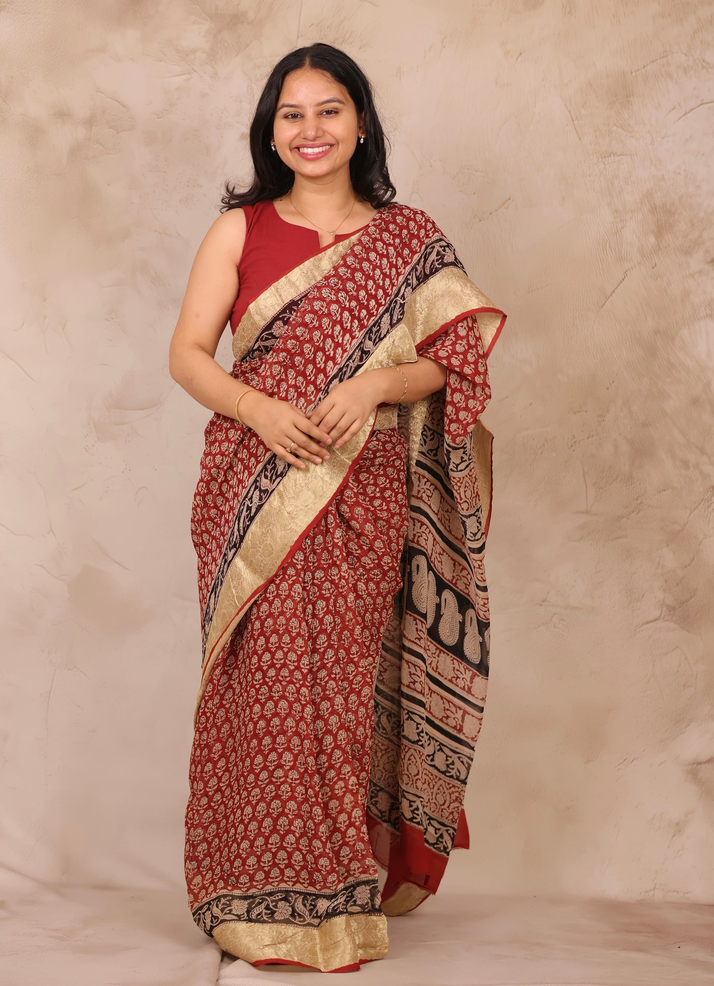 Maroon Chiffon Hand Block Printed Saree with Jari Border | Looms & Tassels
