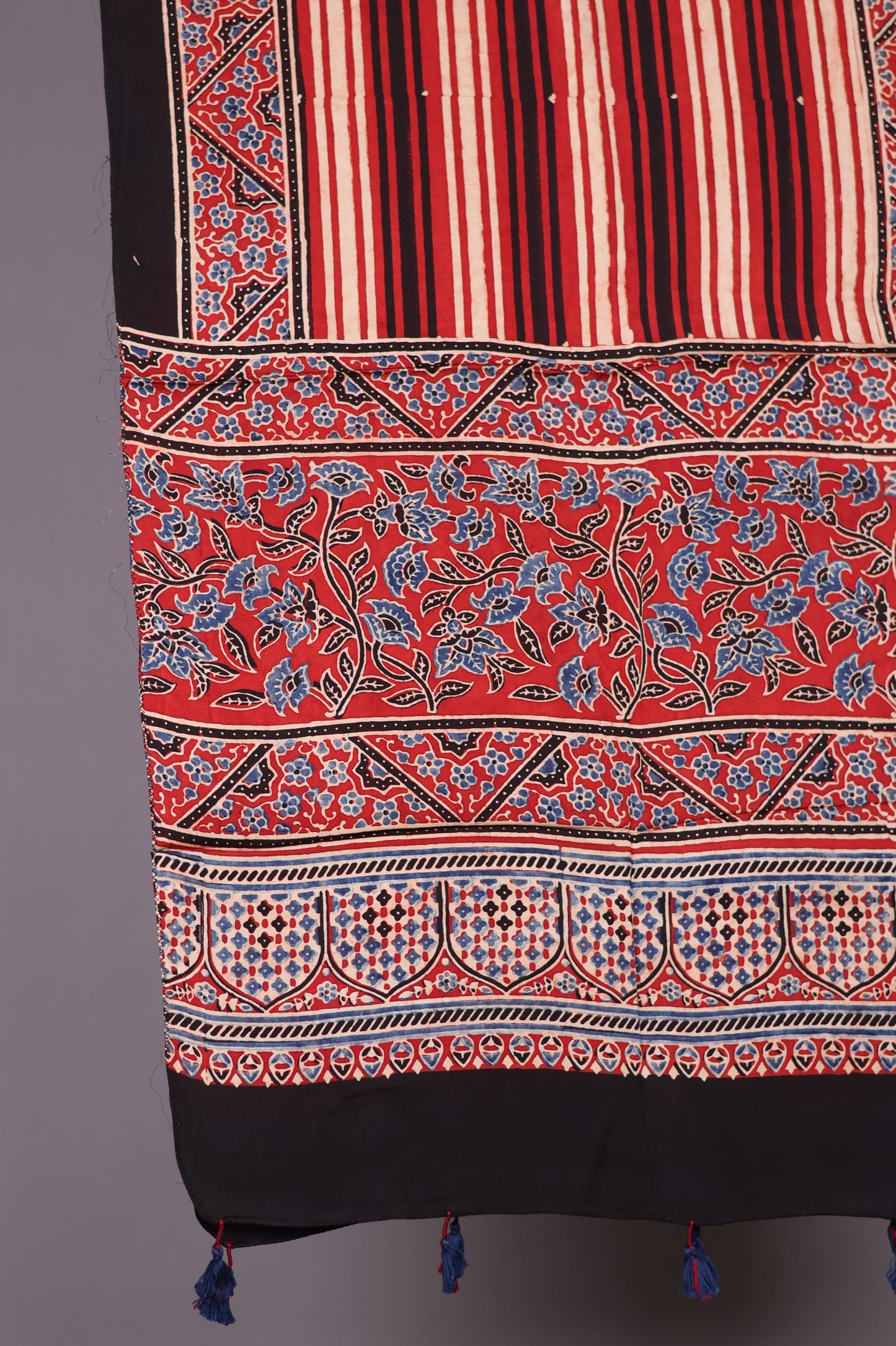 Red stripes Ajrakh Hand Block Printed Modal Silk Stole | Looms & Tassels