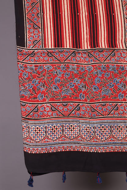 Red stripes Ajrakh Hand Block Printed Modal Silk Stole | Looms & Tassels