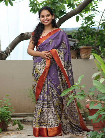 Lavender Kanchi border Kalamkari chennur silk saree