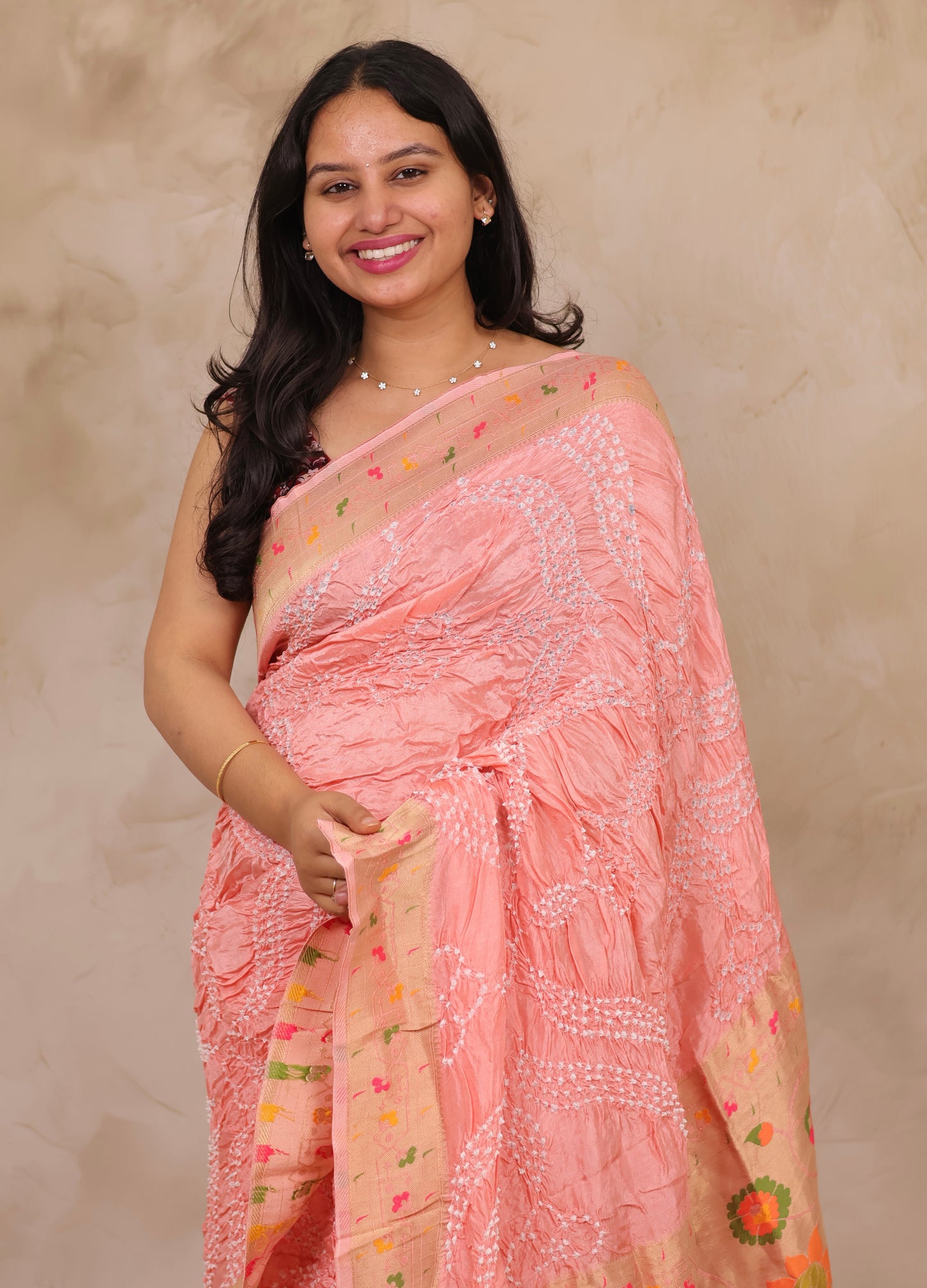 Peach Handcrafted Pattern Bandhani Paithani Dola Silk Saree | Looms & Tassels