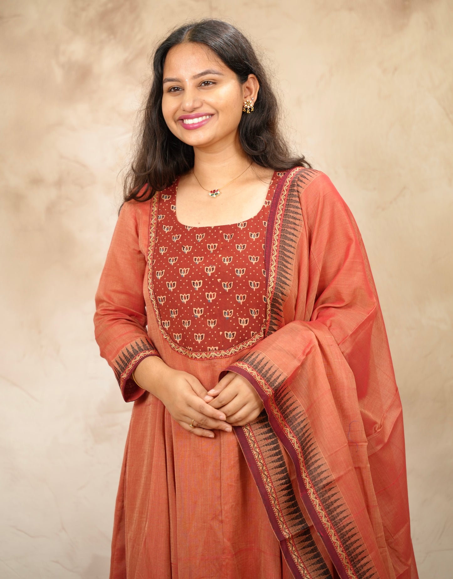 Peach Ajrakh Patch Work Narayanpet Cotton Anarkali Dress with Narayanpet Dupatta | Looms & Tassels
