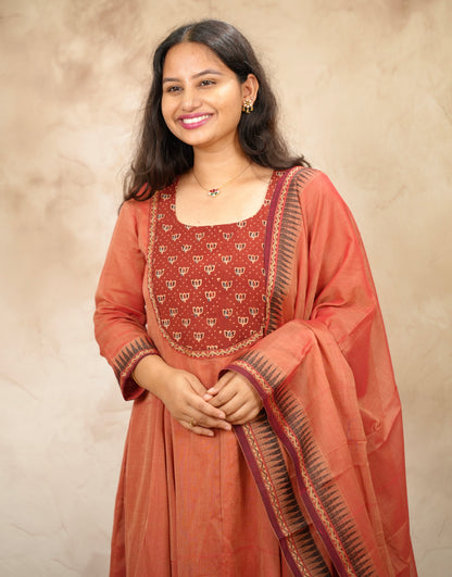 Peach Ajrakh Patch Work Narayanpet Cotton Anarkali Dress with Narayanpet Dupatta | Looms & Tassels