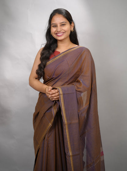 Brown Dual Shade Narayanpet Cotton Saree | Looms & Tassels