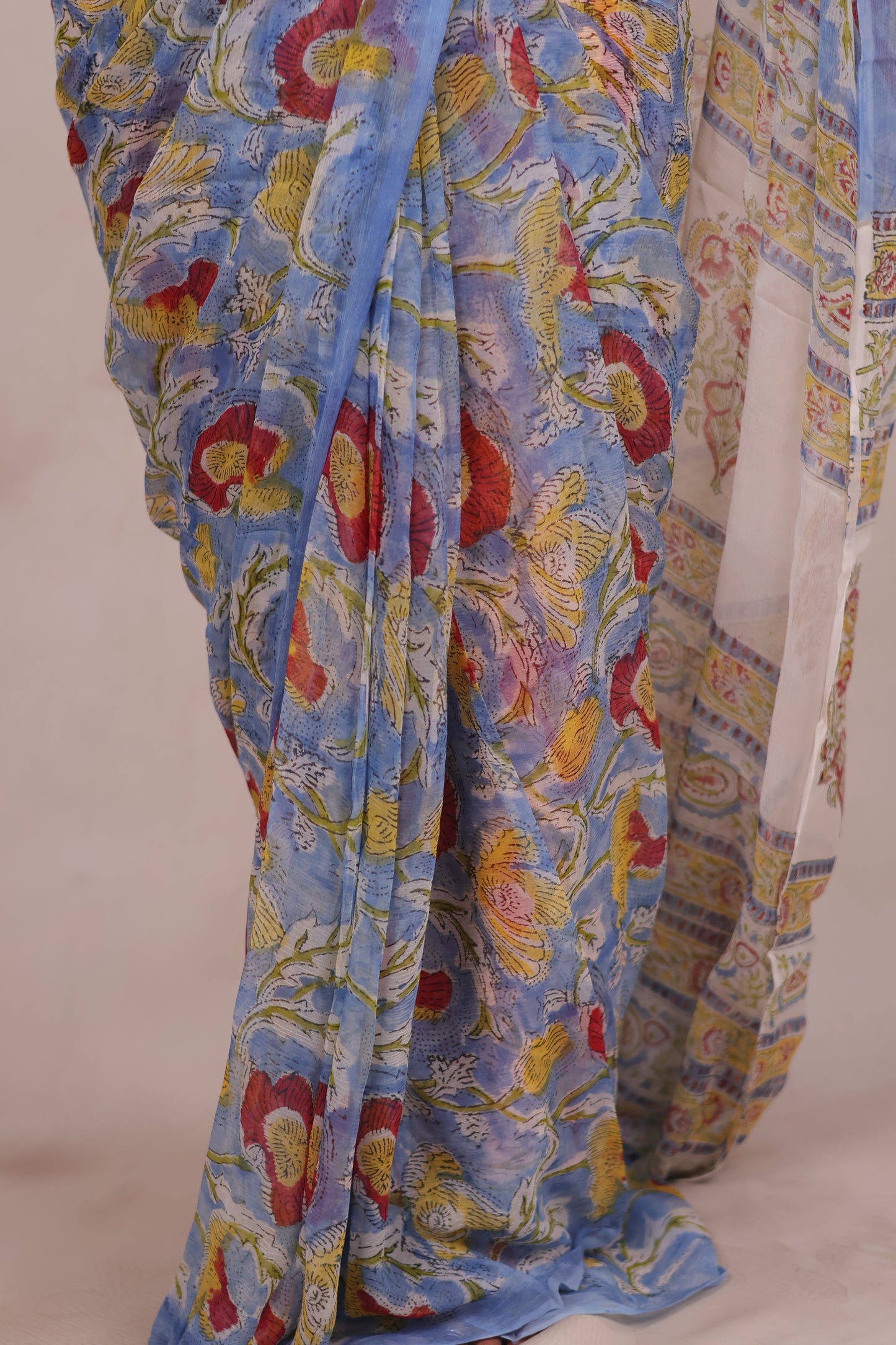 Ice Blue Chiffon Hand Block Printed Saree | Looms & Tassels