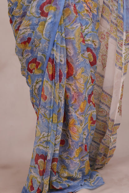 Ice Blue Chiffon Hand Block Printed Saree | Looms & Tassels