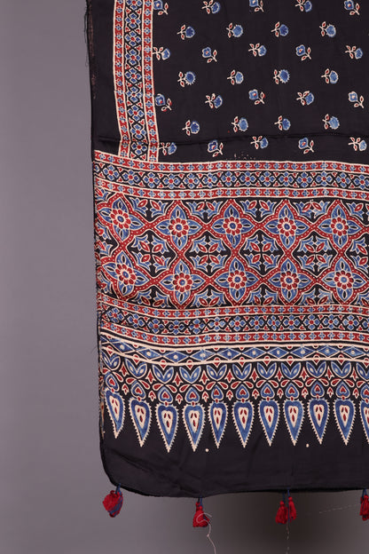 Black Ajrakh Hand Block Printed Modal Silk Stole | Looms & Tassels