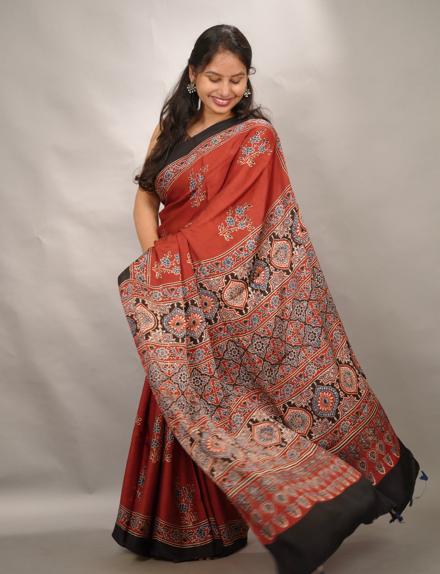 Maroon Authentic Ajrakh Handblock Printed Modal Silk Saree | Looms & Tassels