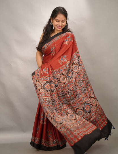 Maroon Authentic Ajrakh Handblock Printed Modal Silk Saree | Looms & Tassels