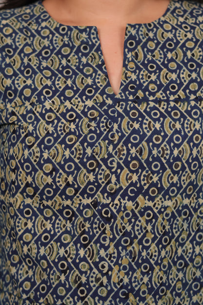 Indigo Ajrakh Hand Block Printed Kurti | Looms & Tassels