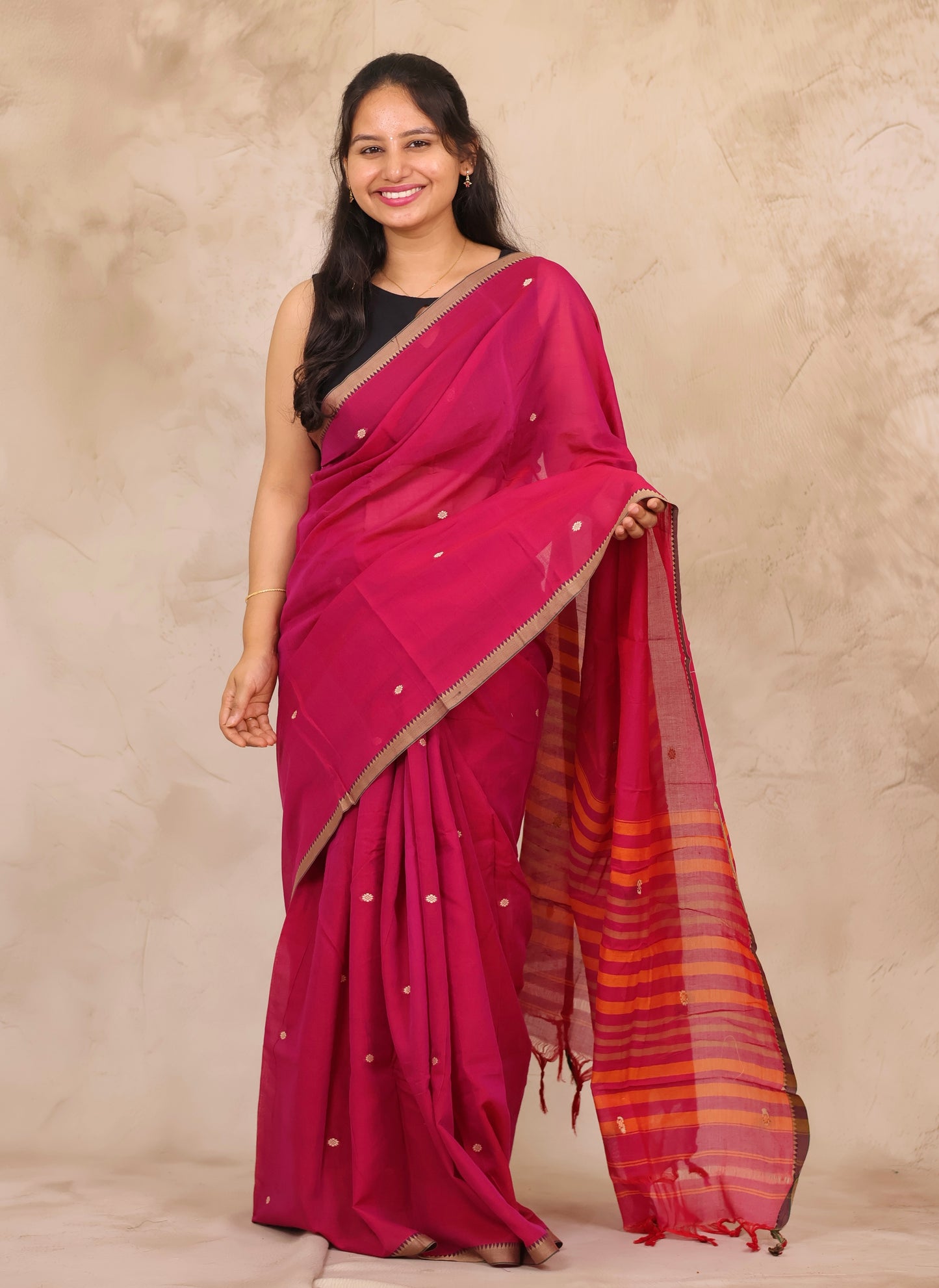 Pink Narayanpet Cotton Saree With Butta Weaving | Looms & Tassels