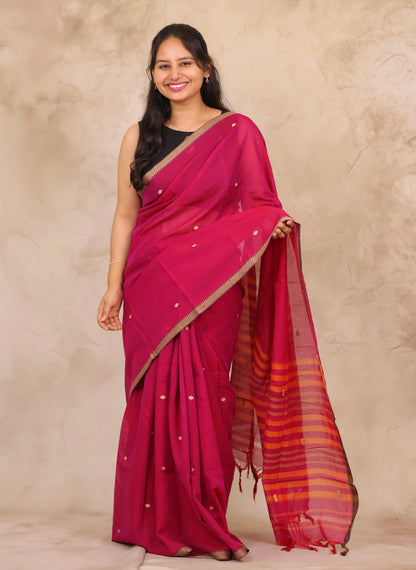 Pink Narayanpet Cotton Saree With Butta Weaving | Looms & Tassels