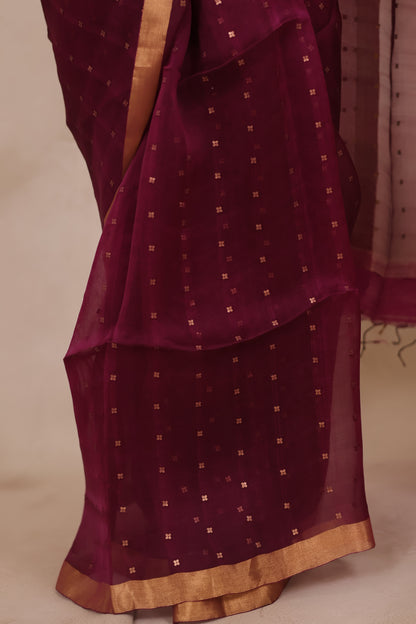 Wine Handwoven Muslin Silk Saree With Sequence Work | Looms & Tassels