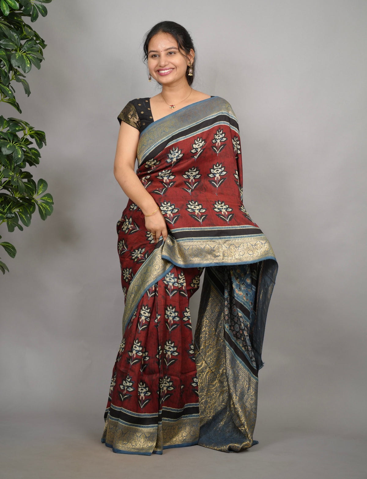 Ajrakh Dola Silk Saree - Brick Red | Looms & Tassels