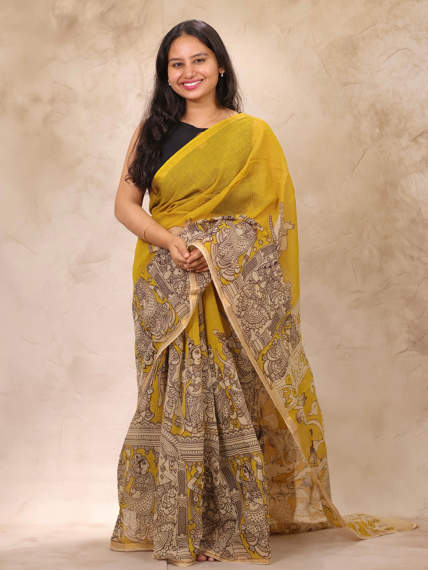 Yellow Kota Doria Saree with Kalamkari Handblock Prints | Looms & Tassels