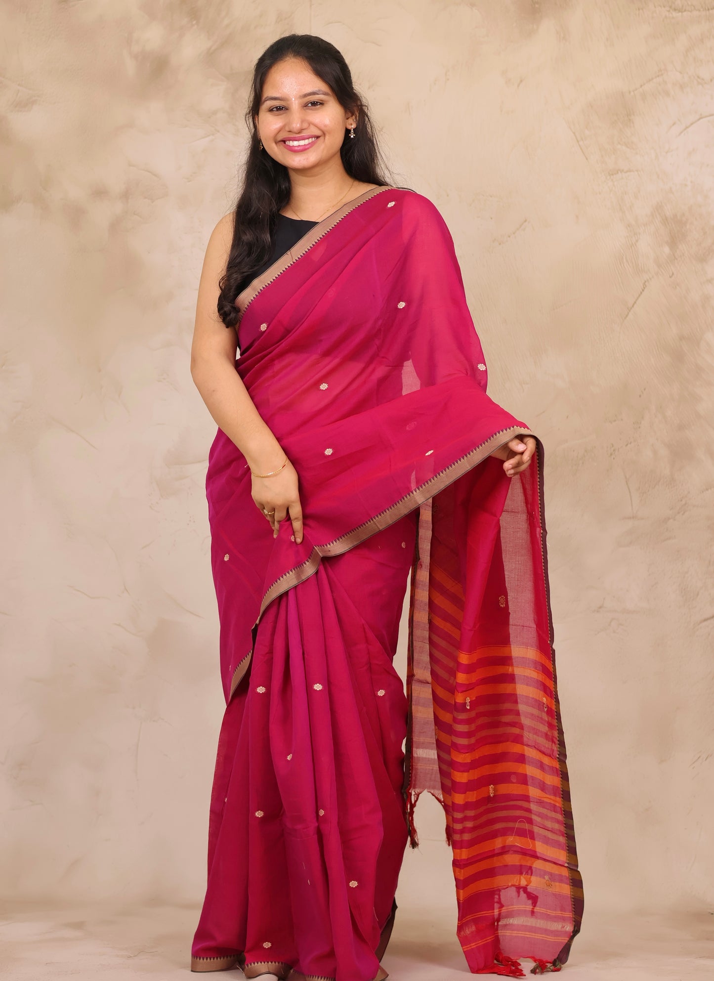 Pink Narayanpet Cotton Saree With Butta Weaving | Looms & Tassels