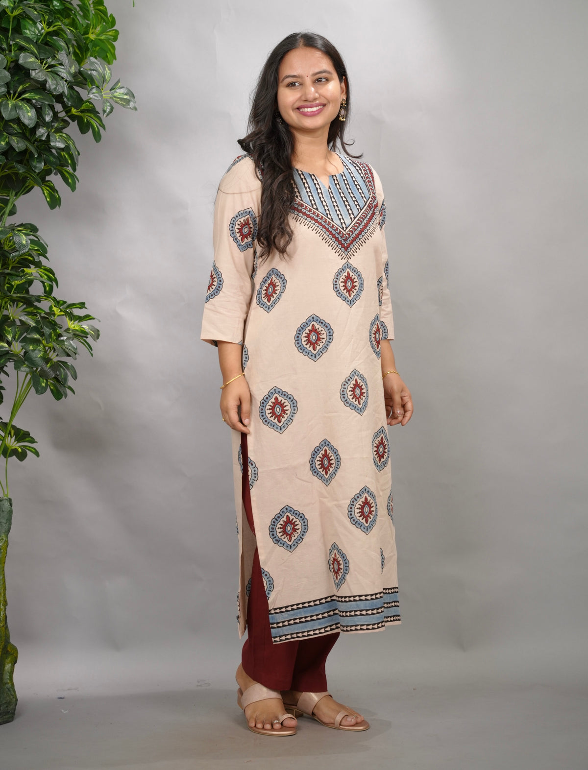 Cream Ajrakh Pattern Hand Block printed Kurti | Looms & Tassels