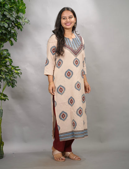 Cream Ajrakh Pattern Hand Block printed Kurti | Looms & Tassels