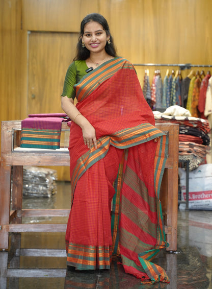 Red Checks Narayanpet Cotton Saree with Traditional contrast Border | Looms & Tassels