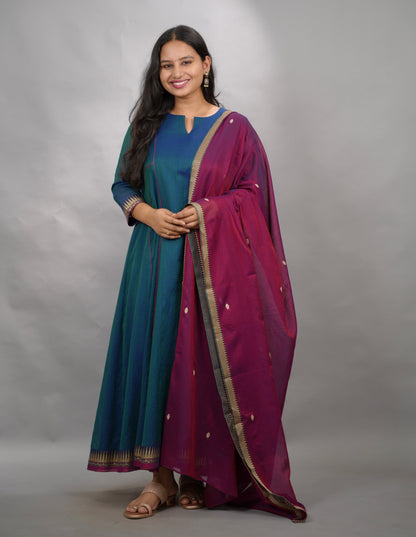 Rama Blue Narayanpet Cotton Anarkali Dress with Magenta Narayanpet Dupatta | Looms & Tassels