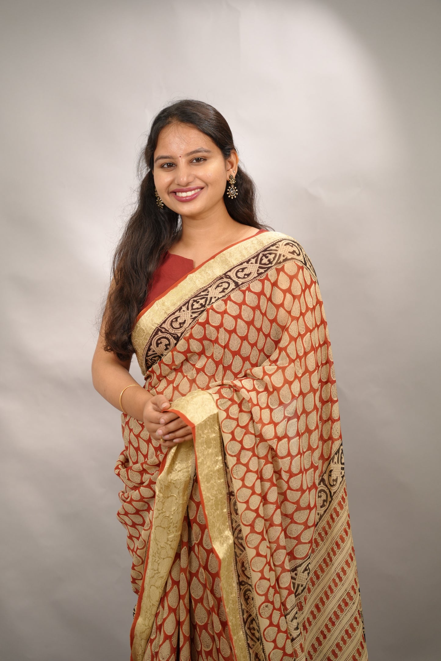 Red Chiffon Hand Block Printed Saree with Jari Border | Looms & Tassels