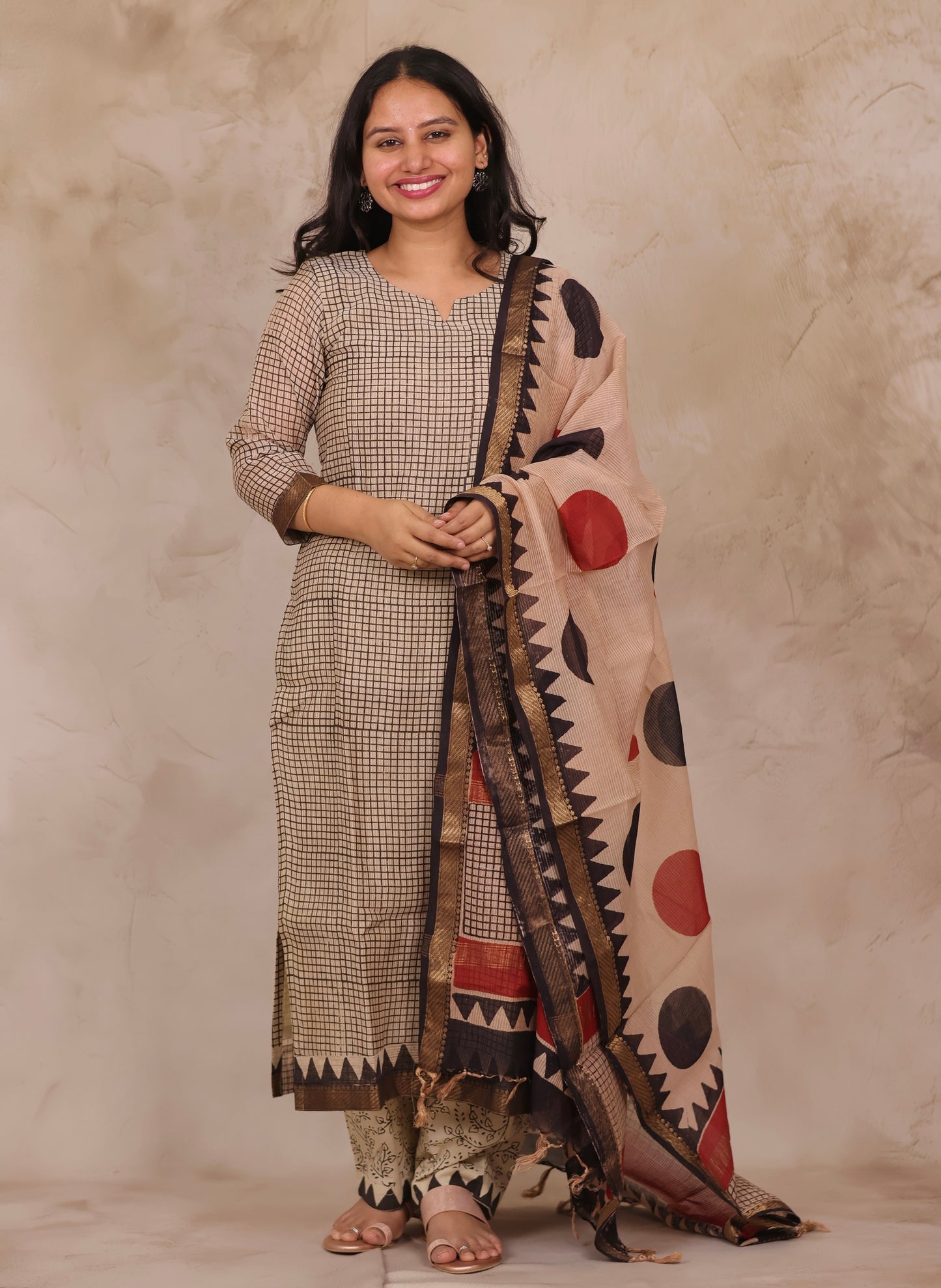 Cream stripes Handblock printed Pure Maheswari Silk 3 piece suit (stitched)