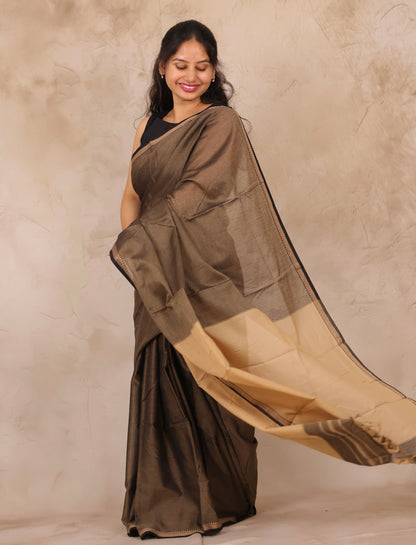 Grey & Black Narayanpet Cotton Saree | Looms & Tassels
