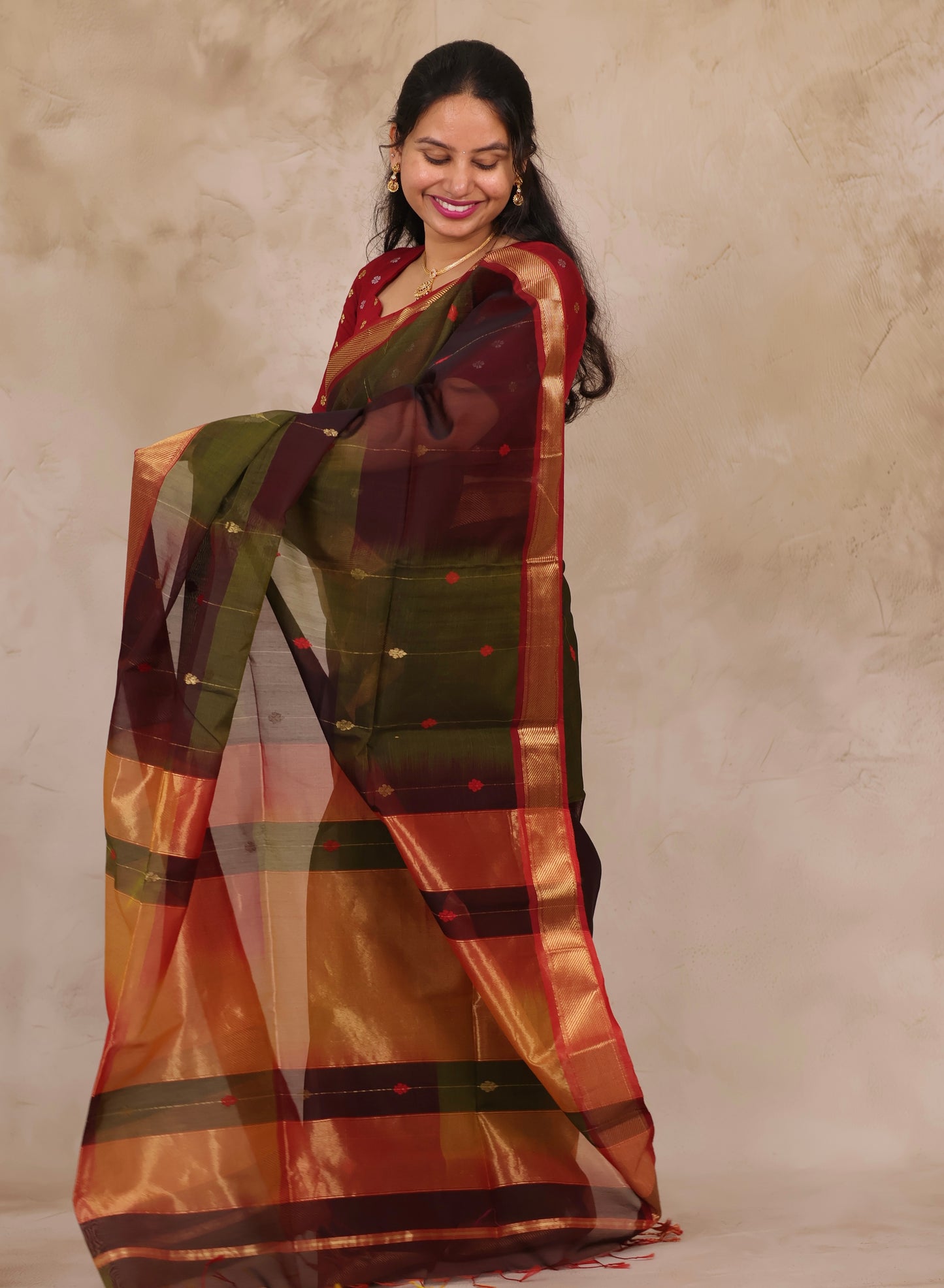 Wine & Green Handloom Maheswari Silk Cotton Sarees | Looms & Tassels